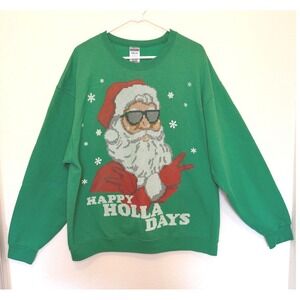 Jerzees Sweatshirt XL Green Happy Holla Days Santa Graphic Retro Streetwear